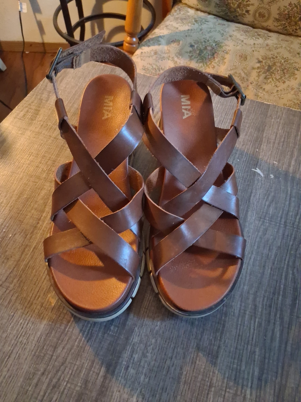 MIA Brown Crisscross Leather Wedge Sandals